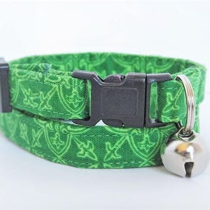 Green Fabric Cat Collar - Kitten Collar - Celtic Pattern - Girl or Boy Cat Collar - Breakaway Cat Collar with Removable Bell
