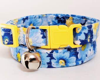 Pretty Floral Fabric Cat Collar-Kitten Collar with Blue and Yellow Flowers-Girl Cat Collar-Breakaway Cat Collar with Removable Bell