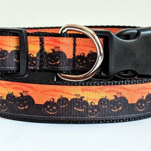 May include: A black and orange dog collar with a repeating pattern of black jack-o'-lantern faces on an orange background. The collar has a black plastic buckle and a silver metal D-ring.