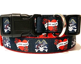 I Love Mom Dog Collar with Pirate Skull - Adjustable Small or Large Dog Collar - Dog Costume - Choice of Red or Black