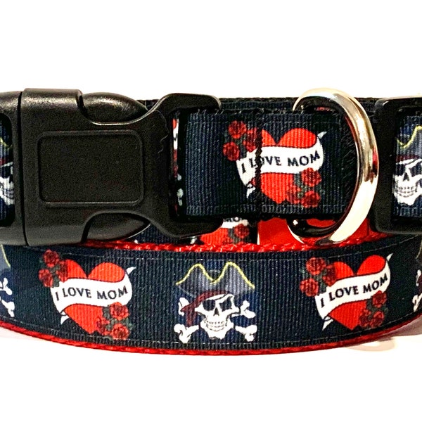 I Love Mom Dog Collar with Pirate Skull - Adjustable Small or Large Dog Collar - Dog Costume - Choice of Red or Black