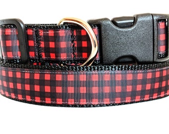 Christmas Dog Collar and (optional) Leash Set - Red &Black Buffalo Plaid Lumberjack Plaid Dog Collar - Small or Large Winter Dog Collar