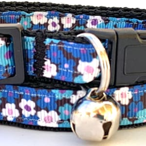 Blue Floral Cat or Kitten Collar - Girl Cat Collar with Blue Pansy - like Flowers with Breakaway Buckle and Jingle Bell