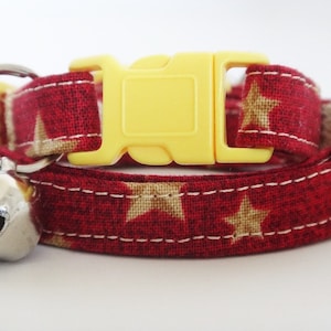 Collar - Kitten Collar - Red Fabric Cat Collar with Yellow Stars - Breakaway Cat Collar with Removable Bell - Girl or Boy Cat Collar