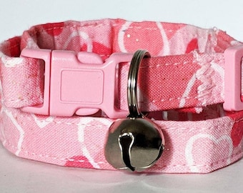 Pink Valentine Cat or Kitten Collar - Fabic Cat Collar with Pink and White Hearts - Kitty Collar with Removable Bell and Breakaway Buckle