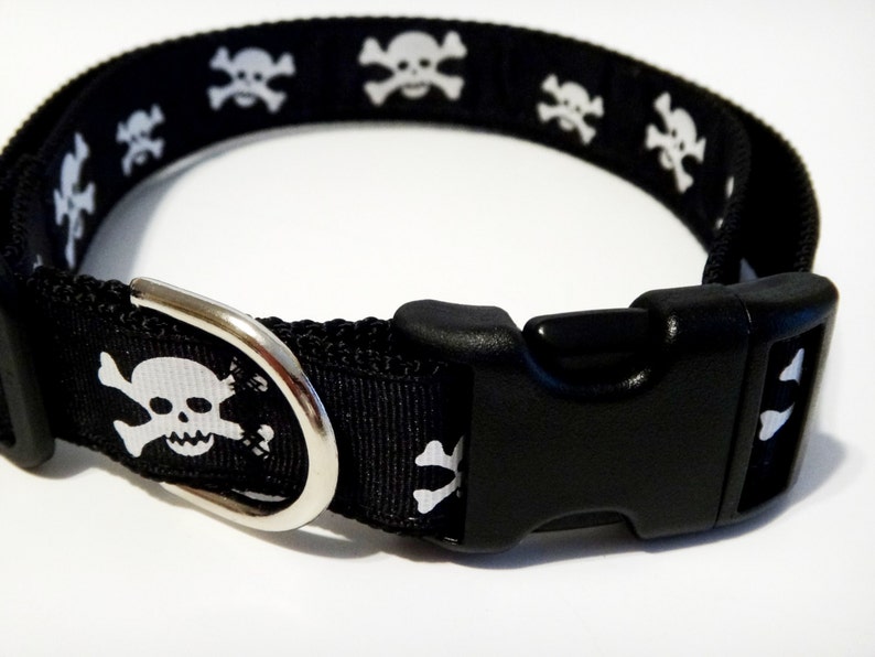 Adjustable Dog Collar Skull and Cross Bones Dog Collar Small or Large Halloween Dog Collar in Black and White image 4