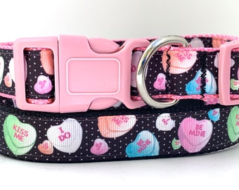 Valentine Dog Collar and (optional) Leash Set with Conversation Hearts - Small or  Large Valentine  Dog Collar Pink or Black