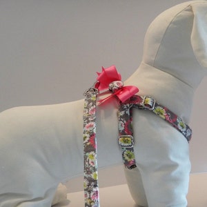 Floral Dog Harness and optional Leash Grey and Pink Fabric Step-in Dog Harness with Bows Girl Dog Harness or Dog Collar Alternative image 4