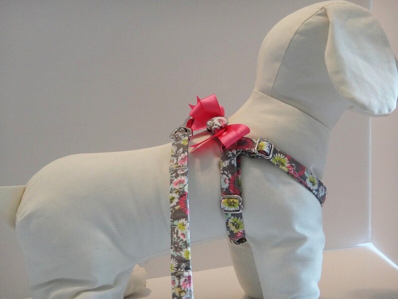Floral Dog Harness and optional Leash Grey and Pink Fabric Step-in Dog Harness with Bows Girl Dog Harness or Dog Collar Alternative image 4
