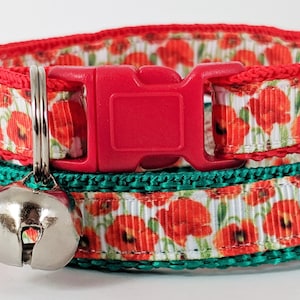Cat or Kitten Collar with Red Poppies - Girl Cat Collar - Floral Cat Collar - Breakaway Cat Collar with Removable Bell