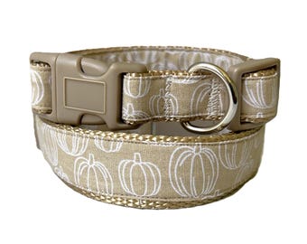 Pumpkin Dog Collar & (optional) Leash For Fall and Halloween - Tan Fabric Dog Collar with White Whimsical Pumpkins for a Small or Large Dog