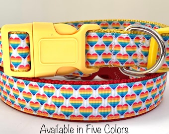 Rainbow Striped Hearts Dog Collar and (optional) Leash Set - Valentines Day Dog Collar with Colorful Heart - LGBTQ Pride