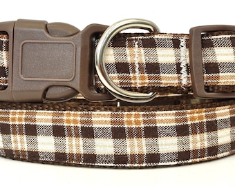 Brown Plaid Dog Collar & (Optional) Leash- Fabric Boy Dog Collar for Small or Large Dog Great for Fall and Winter