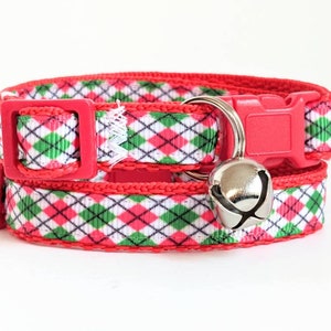 Christmas Cat Collar - Kitten Collar - Red and Green Argyle Cat Collar - Adjustable Breakaway Cat Collar -Cat Collar with Removable Bell