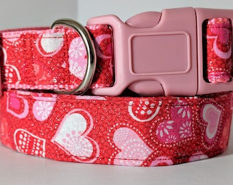 Valentine Dog Collar - Red Fabric Dog Collar with Large Hearts - Small Dog Collar - Large Dog Collar - Girl Dog Collar