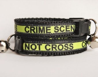 Cat Collar - Kitten Collar - Crime Scene, Police Cat Collar with Removable Bell - Boy or Girl Cat Collar - Yellow Breakaway Cat Collar