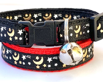 Celestial Cat or Kitten Collar with Golden Moons Bright Stars - Girl or Boy Cat Collar with Breakaway Buckle and Removable Bell