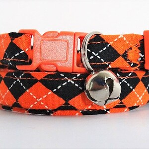 Halloween Cat Collar - Fabric Kitten Collar - Orange and Black Argyle Cat Collar - Breakaway Cat Collar with Removable Bell