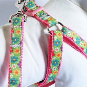 Step-in Dog Harness and (optional) Leash with Flowers- Pink and Green Floral Dog Harness - Girl Dog Harness - Dog Collar Alternative