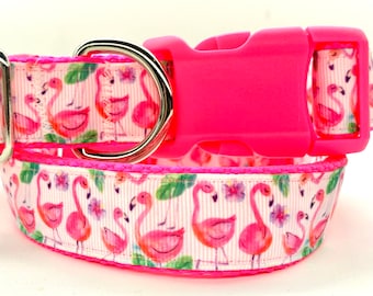 Flamingo Dog Collar and (optional) Leash Set - Hot Pink Dog Collar with Flamingo Birds for Small or  Large Dogs