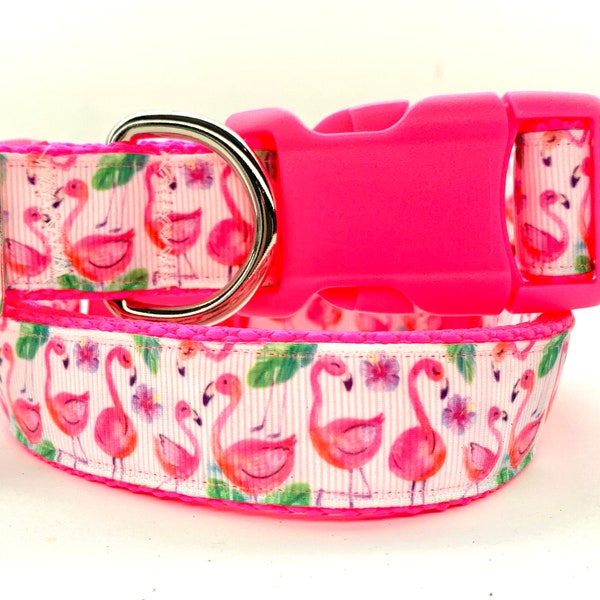 Flamingo Dog Collar and (optional) Leash Set - Hot Pink Dog Collar with Flamingo Birds for Small or  Large Dogs