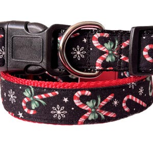 Christmas Dog Collar and (optional) Leash with Red and White Candy Canes-Small or Large Fabric Holiday Dog Collar for a Girl or Boy Dog