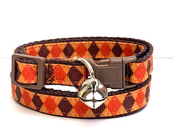 Autumn Orange and Brown Argyle Cat or Kitten Collar - Adjustable Boy Cat Collar with Breakaway Buckle and Removable Bell