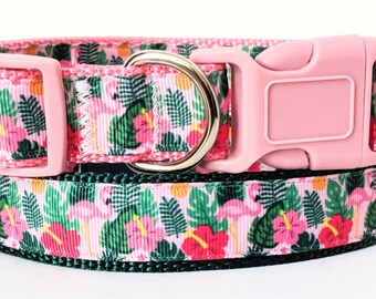 Flamingo Dog Collar and (optional) Leash Set - Tropical Girl Dog Collar with Flowers and Flamingos - Dog Collar for Small or Large Dog