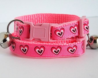 Valentines Cat or Kitten Collar with Hearts - Pink Adjustable Breakaway Cat Collar with Removable Bell  - Cute Girl Cat Collar