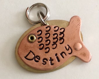 Cat Tag - Small Dog Tag - Pet ID Tag - Fish Cat Tag - Hand Stamped Pet Name Tag-Personalized Pet Collar Name Tag - Copper and Brass Fish Tag