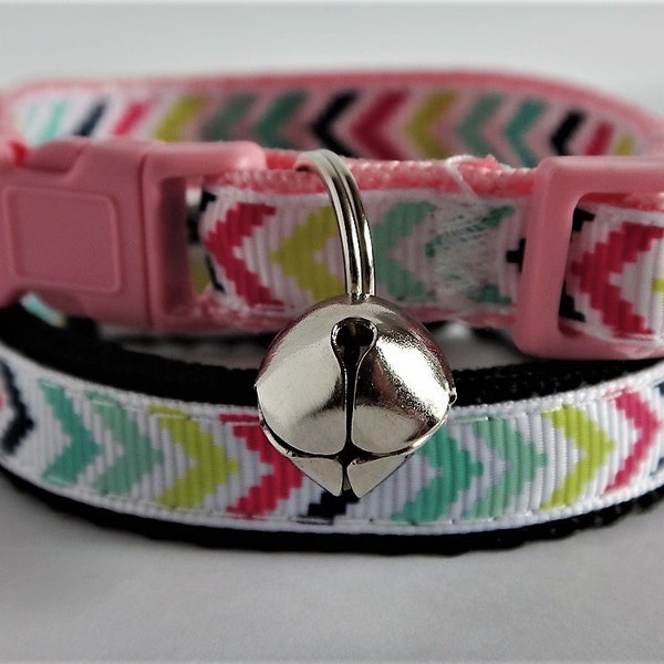 Cat Collar - Kitten Collar - Pink Multicolor Chevron Cat Collar - Girl cat collar - Adjustable Breakaway Cat Collar  with Removable Bell