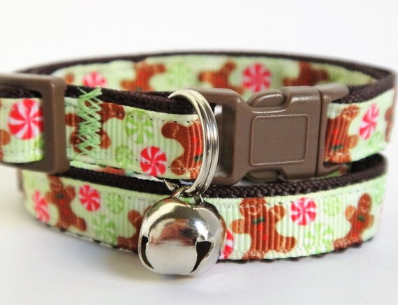 Christmas Cat Collar- Gingerbread Kitten Collar- Peppermint and Gingerbread Christmas Cat Collar-Adjustable Breakaway Cat Collar
