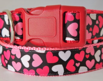 Valentine Dog Collar with Hearts - Large or Small Female Dog Collar with Dancing Hearts -Pink or Red Girl Dog Collar - Adjustable Dog Collar