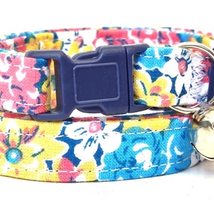 Blue Floral Fabric Cat or Kitten Collar - Girl Cat Collar with Tiny Flowers - Breakaway Cat Collar with Removable Bell