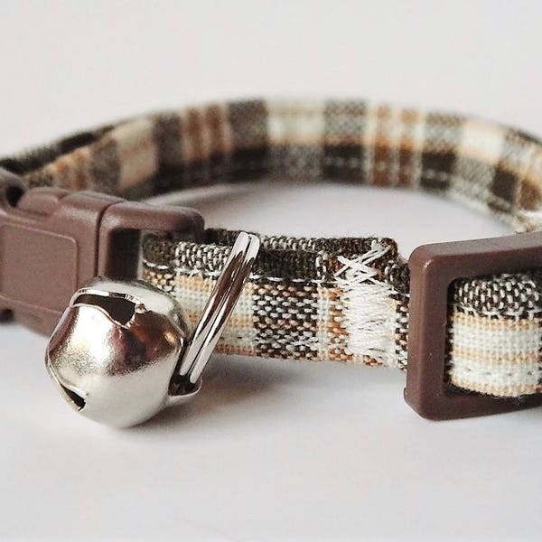 Cat Collar - Kitten Collar-Brown Plaid Fabric Cat Collar with Removable Bell-Breakaway Cat Collar - Boy Cat Collar