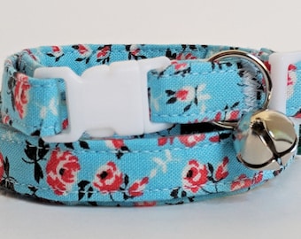 Fabric Cat Collar -Blue Floral Kitten Collar - Girl Cat Collar with Little Flowers - Breakaway Cat Collar with Removable Bell