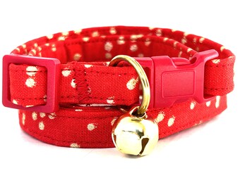 Christmas Cat or Kitten Collar with Glitter Polka Dots -Red and Gold Polka Dot Cat Collar with Removable Bell-Breakaway Cat Collar