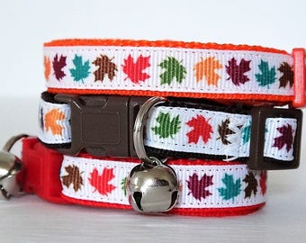 Autumn Cat Collar - Fall Leaves Kitten Collar - Boy Cat Collar or Girl Cat Collar with Removable Bell - Your Choice of Webbing Colors