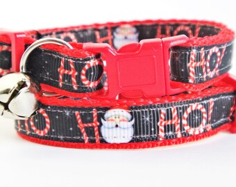 Christmas Cat Collar - Kitten Collar - Ho Ho Ho Santa Cat Collar - Adjustable Breakaway Cat Collar -Black&Red Cat Collar with Removable Bell