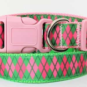 Girl Dog Collar and (optional) Leash Set - Pink and Green Argyle Dog Collar - Preppy Dog Collar for Small or Large Dog