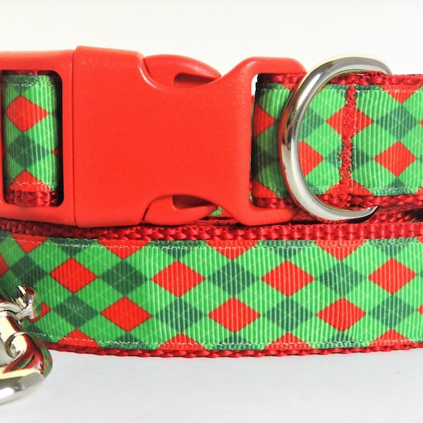 Christmas Dog Collar and (optional) Leash Set - Red and Green Harlequin Dog Collar - Small or Large Holiday Dog Collar