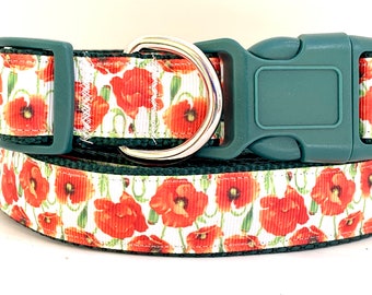 Poppy Dog Collar and (optional) Leash Set  Red and Green Floral Dog Collar for Small or Large Dog