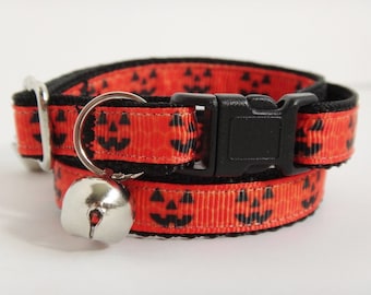 Halloween Cat Collar - Kitten Collar - Cat Collar with Pumpkin Face and Removable Bell - Adjustable Orange and Black Breakaway Cat Collar