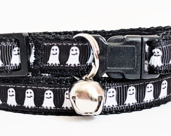 Halloween Cat Collar with Ghosts- Kitten Collar - Cat Collar with Removable Bell - Adjustable Black and White Breakaway Cat Collar