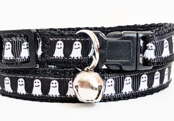 Halloween Cat Collar with Ghosts- Kitten Collar - Cat Collar with Removable Bell - Adjustable Black and White Breakaway Cat Collar