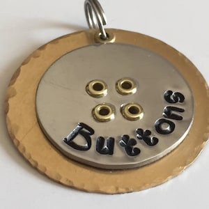 Custom Pet ID Tag - Aluminum and Brass Button Dog Tag - Round Pet Tag - Hand Stamped Pet Name Tag - Unique Dog Tag-Cat Name Tag-Cute Dog Tag