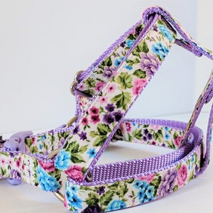 Step-in Dog Harness and (optional) Leash - Vintage Inspired Floral Fabric Dog Harness - Pretty Dog Harness - Purple Floral Dog Harness