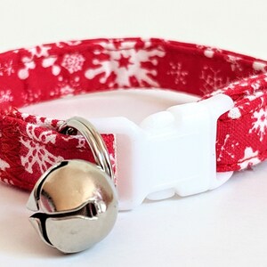 Christmas Cat Collar - Kitten Collar with Snowflakes - Fabric Cat Collar with Removable Bell - Red Fabric Winter Cat Collar