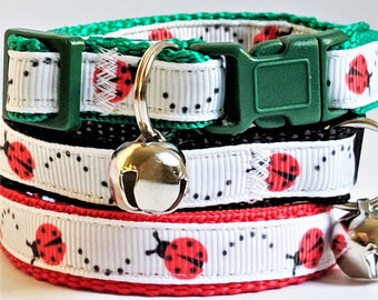 Ladybug Cat or Kitten Collar - Cat Collar with Ladybugs - Girl cat collar - Cute Cat Collar with Removable Bell Available in 3 colors