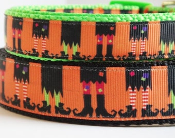Dog Collar- Halloween Dog Collar with Witches Feet - Adjustable Small or Large Dog Collar - Dog Costume - Choice of Black or Neon Green